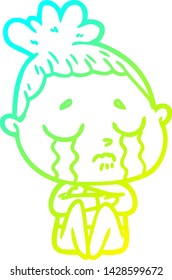 cold gradient line drawing of a cartoon crying woman hugged up
