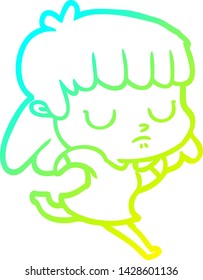 cold gradient line drawing of a cartoon indifferent woman running