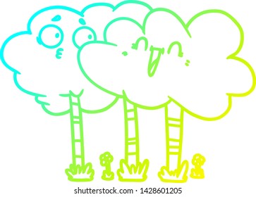 desenho de linha de gradiente frio de um desenho animado árvores com rostos
