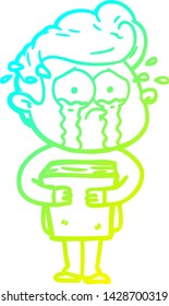 cold gradient line drawing of a cartoon crying man holding book
