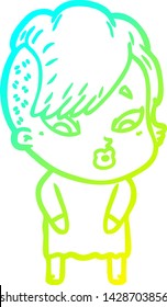 desenho de linha de gradiente frio de uma menina surpresa de desenho animado