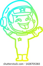 kalte Farbverlauf-Linienzeichnung eines Cartoon lachenden Astronauten