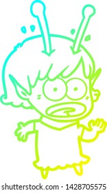 dibujo en línea de gradiente frío de una niña alienígena impactada