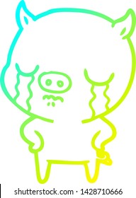 cold gradient line drawing of a cartoon pig crying with hands on hips