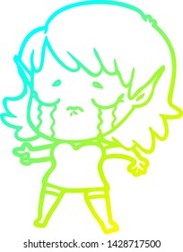 cold gradient line drawing of a cartoon crying elf girl