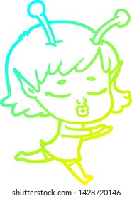 cold gradient line drawing of a cartoon alien girl