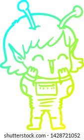 cold gradient line drawing of a cartoon alien girl giggling