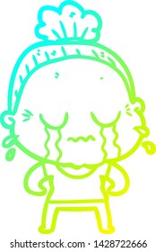 cold gradient line drawing of a cartoon crying old lady
