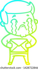 cold gradient line drawing of a cartoon man crying