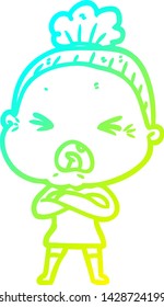 cold gradient line drawing of a cartoon angry old woman