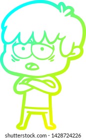 cold gradient line drawing of a cartoon exhausted boy