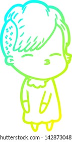 cold gradient line drawing of a cartoon squinting girl