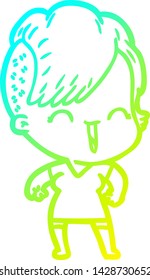 cold gradient line drawing of a cartoon happy hipster girl