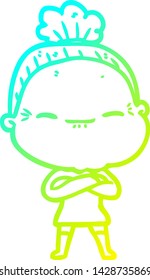 cold gradient line drawing of a cartoon peaceful old woman