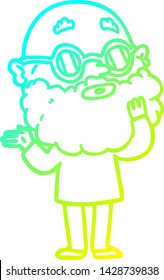 cold gradient line drawing of a cartoon curious man with beard and glasses