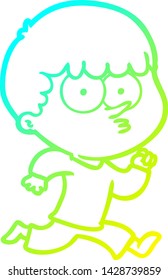 cold gradient line drawing of a cartoon curious boy running