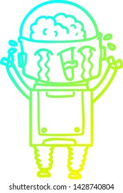 dibujo de línea de gradiente frío de un robot llorando de caricatura