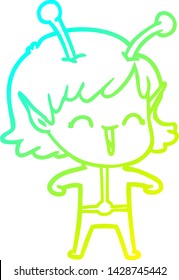 cold gradient line drawing of a cartoon alien girl laughing