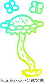kalte Farbverlauf-Linienzeichnung einer Cartoon-Blume und Schmetterlinge