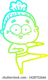 cold gradient line drawing of a cartoon happy old woman