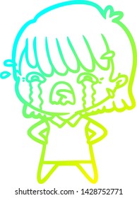 dibujo en línea de gradiente frío de una niña de dibujos animados llorando