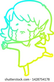 cold gradient line drawing of a cartoon crying elf girl