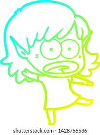 cold gradient line drawing of a cartoon shocked elf girl