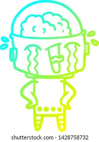 cold gradient line drawing of a cartoon crying robot
