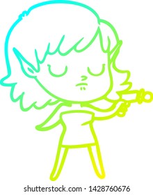 cold gradient line drawing of a cartoon elf girl