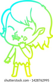 cold gradient line drawing of a cartoon vampire girl with blood on cheek