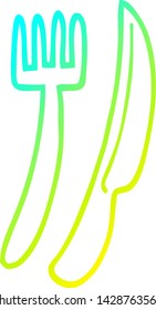 cold gradient line drawing of a cartoon gold cutlery set