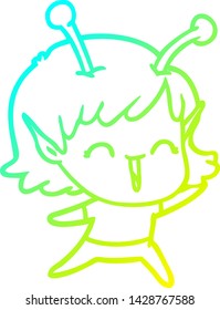 cold gradient line drawing of a cartoon alien girl laughing