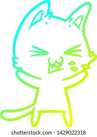 cold gradient line drawing of a cartoon cat hissing