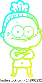 cold gradient line drawing of a cartoon happy old woman