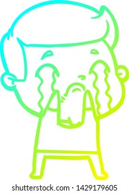 cold gradient line drawing of a cartoon man crying
