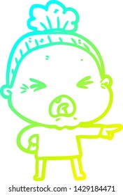 cold gradient line drawing of a cartoon angry old woman