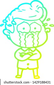 cold gradient line drawing of a cartoon crying man with crossed arms