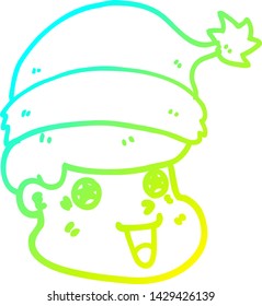 dibujo de una línea de degradado frío de un hombre de caricatura que usa sombrero de navidad