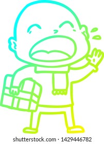 cold gradient line drawing of a cartoon shouting bald man with present