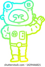 cold gradient line drawing of a cartoon weird alien waving