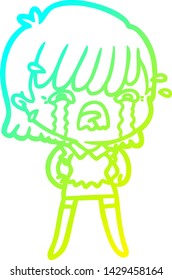 cold gradient line drawing of a cartoon girl crying