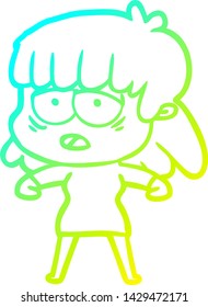cold gradient line drawing of a cartoon tired woman