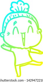 desenho de linha de gradiente frio de uma velha senhora feliz de desenho animado
