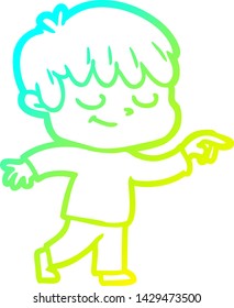 cold gradient line drawing of a cartoon happy boy