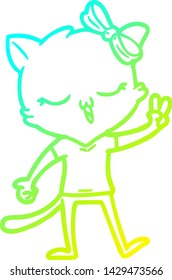 dibujo de una línea de degradado frío de un gato de dibujos animados con arco sobre la cabeza que da señal de paz