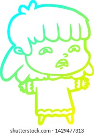 cold gradient line drawing of a cartoon worried woman