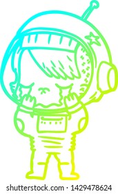 cold gradient line drawing of a cartoon crying astronaut girl