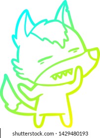 dibujo de línea de gradiente frío de un lobo de dibujos animados mostrando dientes