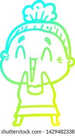 cold gradient line drawing of a cartoon happy old lady