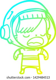desenho de linha de gradiente frio de uma astronauta de desenho animado mulher explicando